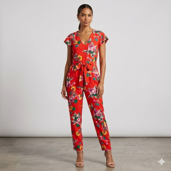 Yumi Kim Pants - Yumi Kim 100% Silk Red Floral Jumpsuit S Vacation Vibrant Tropical Chic